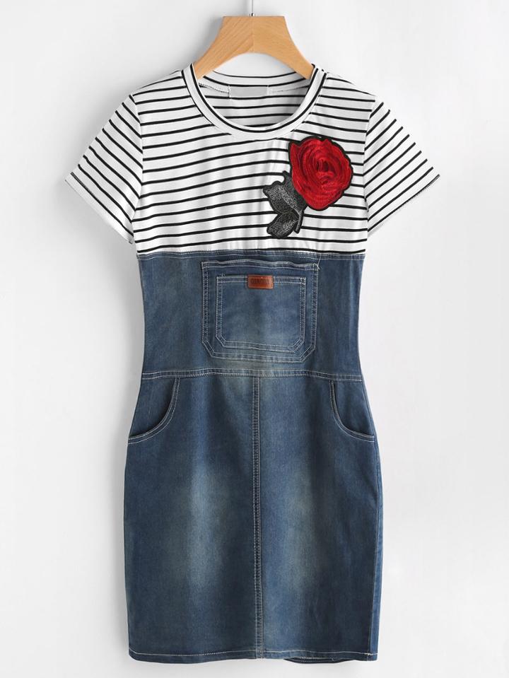 Romwe Striped Rose Patch Denim Panel Dress