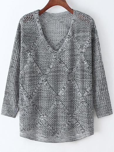 Romwe V Neck Open-knit Diamond Black Sweater