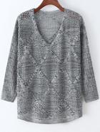 Romwe V Neck Open-knit Diamond Black Sweater