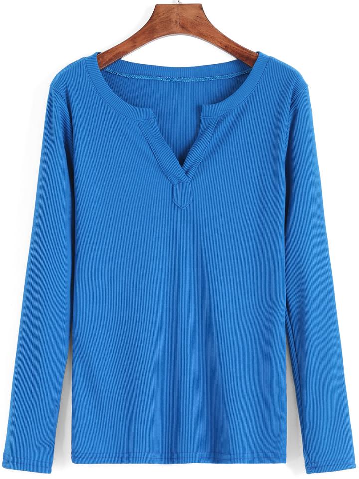 Romwe V Neck Slim Blue Knitwear