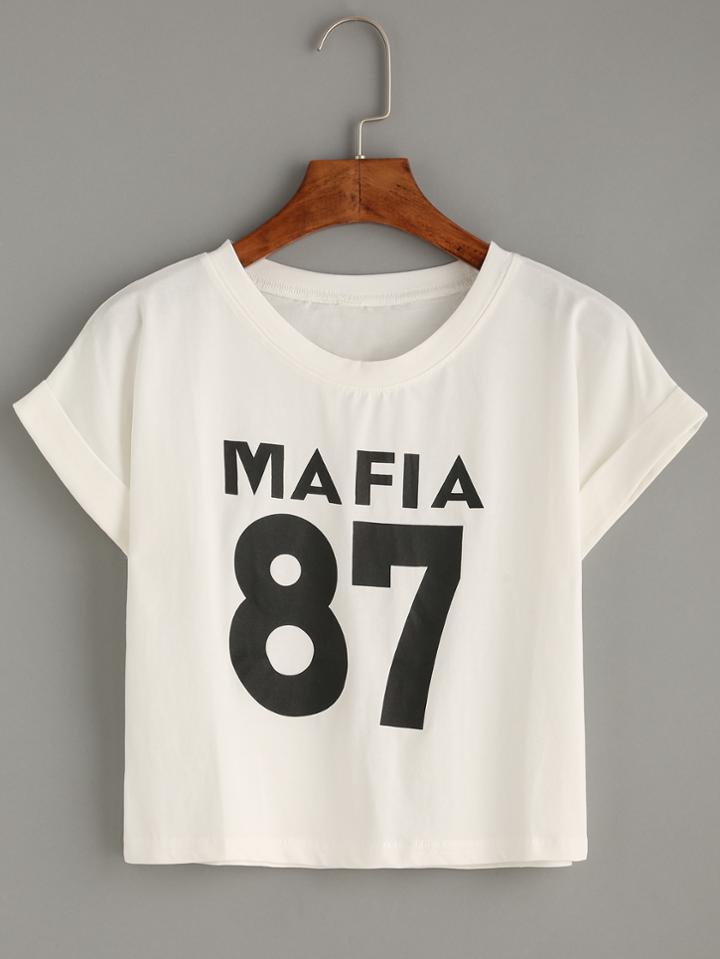 Romwe White Varsity Print Crop T-shirt