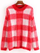 Romwe Red Round Neck Checkered Sweater