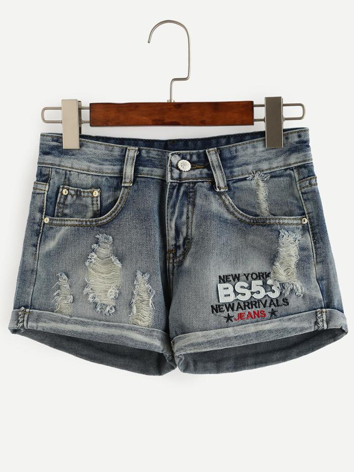 Romwe Blue Ripped Roll Hem Denim Shorts With Embroidered Detail