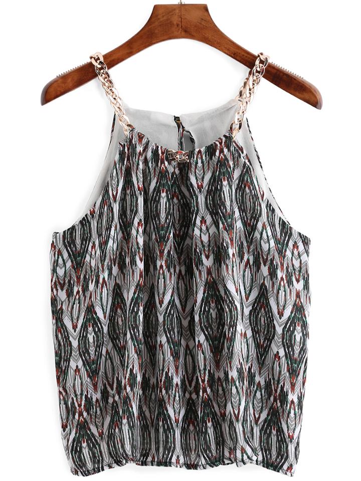 Romwe Spaghetti Strap Vintage Print Chiffon Cami Top