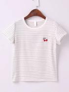 Romwe White Cherry Embroidery Striped T-shirt
