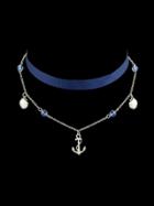 Romwe Blue Multi Layers Chain Blue Beige Ribbon Choker Necklace
