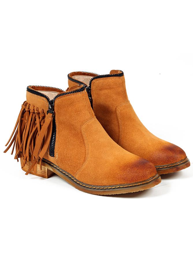 Romwe Brown Brush Round Toe Tassel Zipper Boots