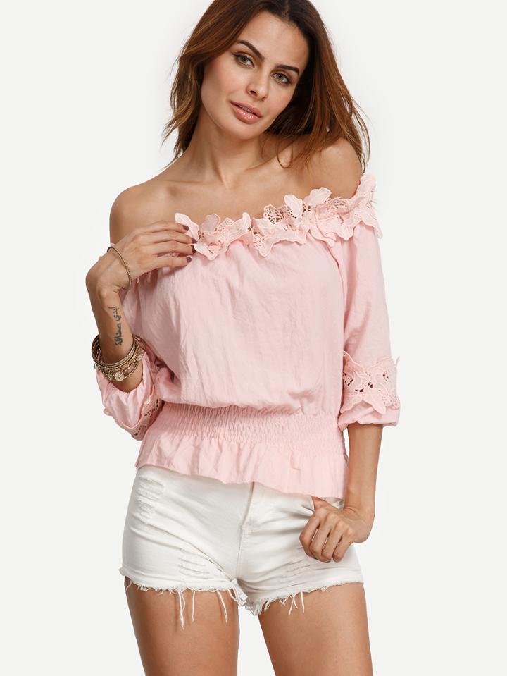 Romwe Pink Off The Shoulder Applique Crop Top