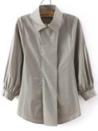 Romwe Lapel Puff Sleeve Grey Blouse