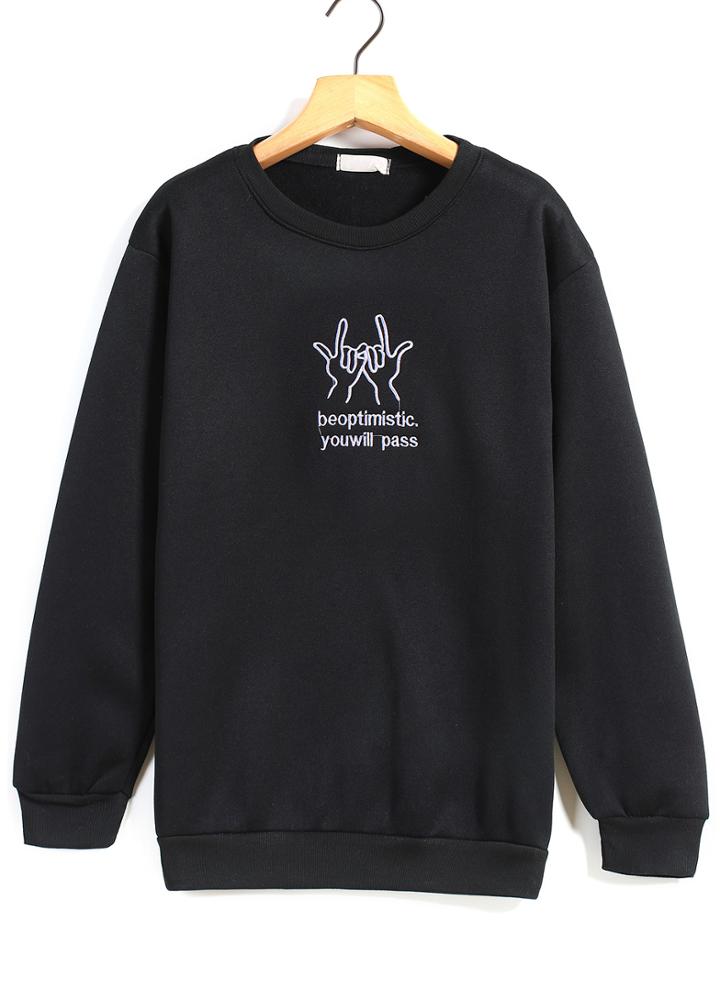 Romwe Finger Letters Print Black Sweatshirt
