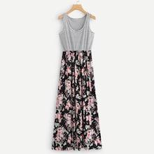 Romwe Contrast Striped Floral Print Sleeveless Dress