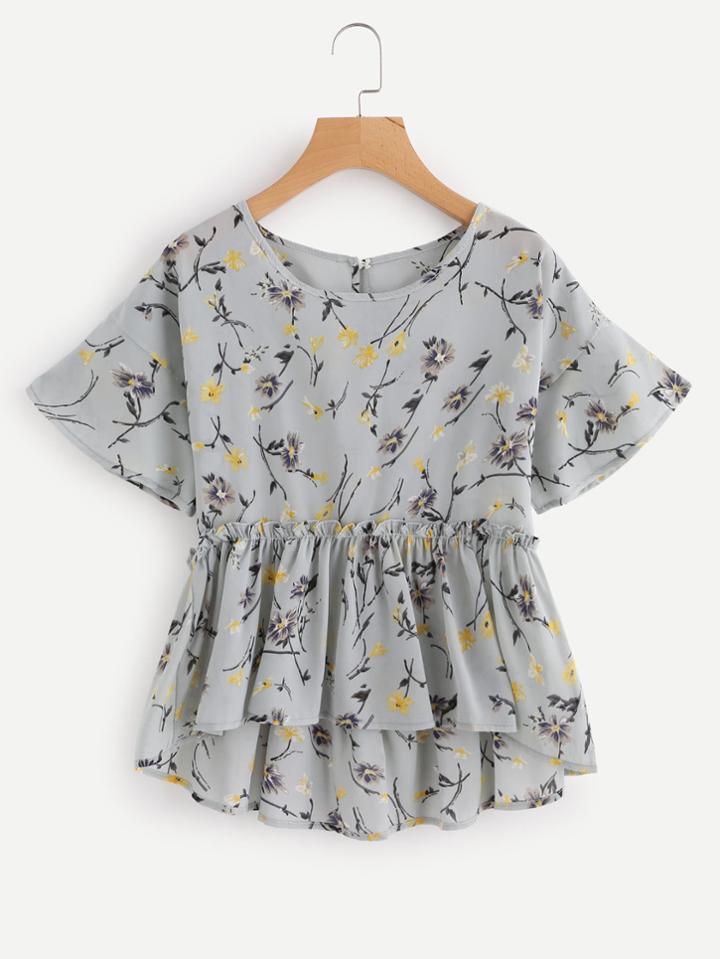 Romwe Floral Print Keyhole Back Frill Hem Top
