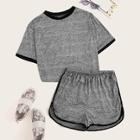 Romwe Plus Contrast Binding Tee With Dolphin Shorts