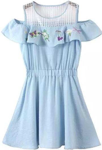 Romwe Open Shoulder Ruffle Embroidered Dress
