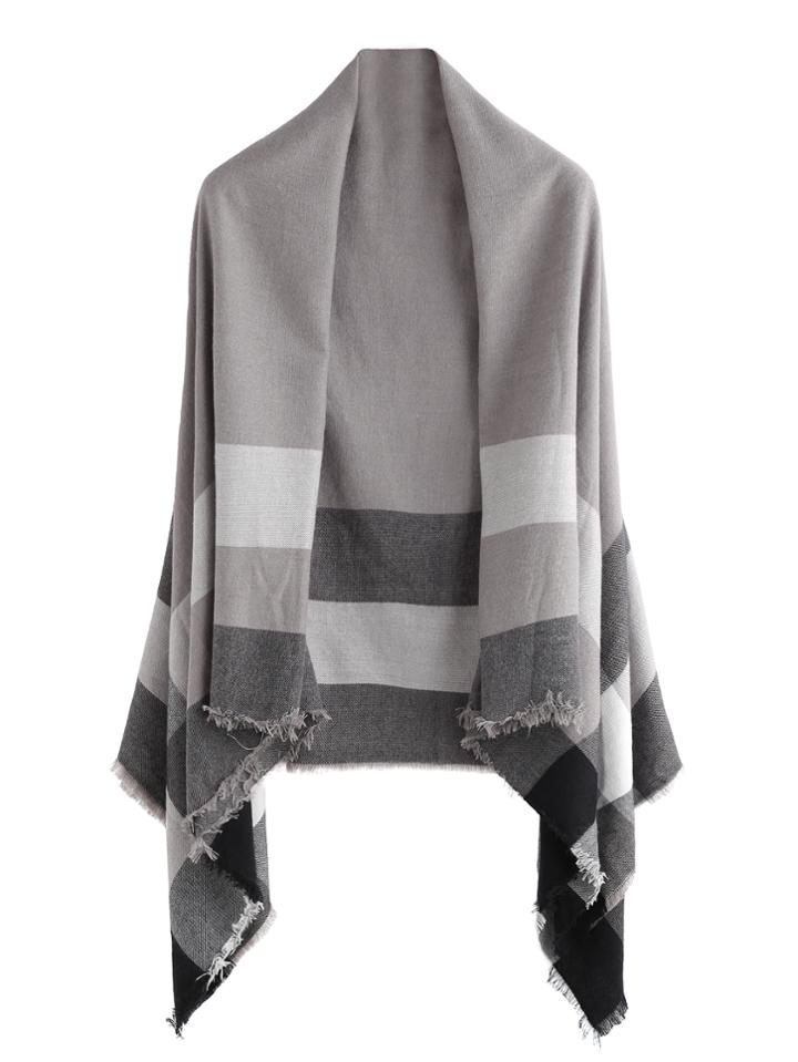 Romwe Grey Plaid Raw Edge Shawl Scarf