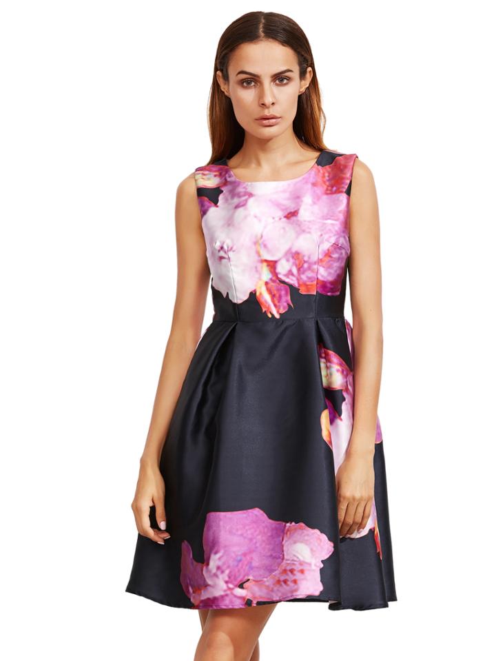 Romwe Purple Floral Sleeveless Flare Dress
