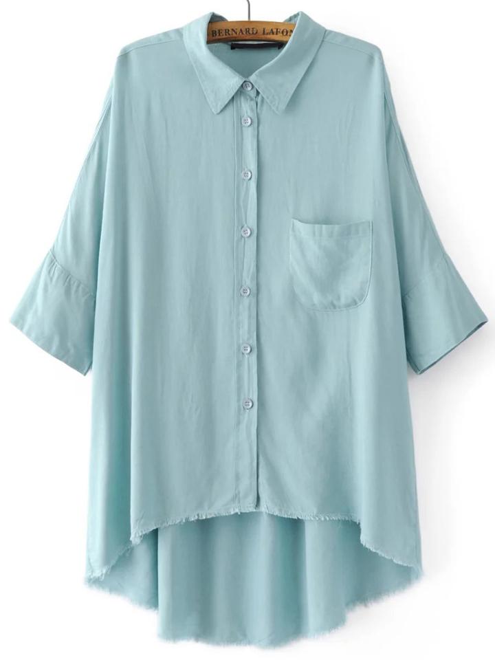 Romwe Blue 3/4 Sleeve Pocket High Low Blouse