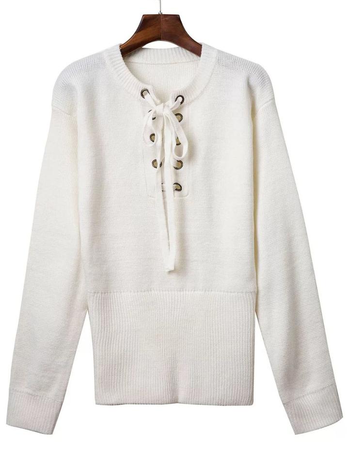 Romwe White Ribbed Cuff Wide Hem Lace Up Sweater