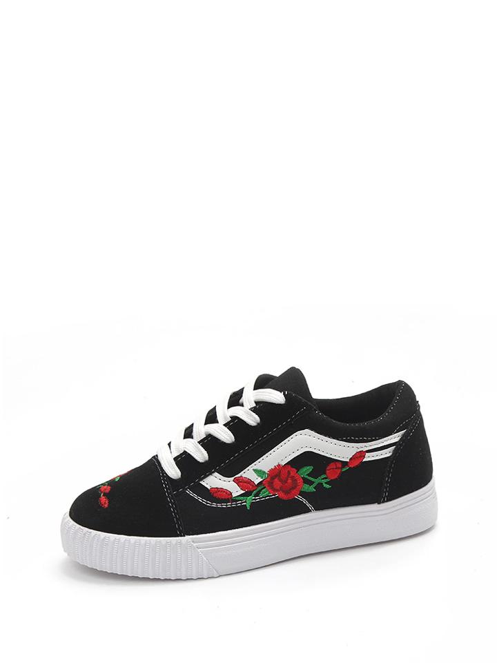 Romwe Flower Embroidery Two Tone Lace Up Sneakers