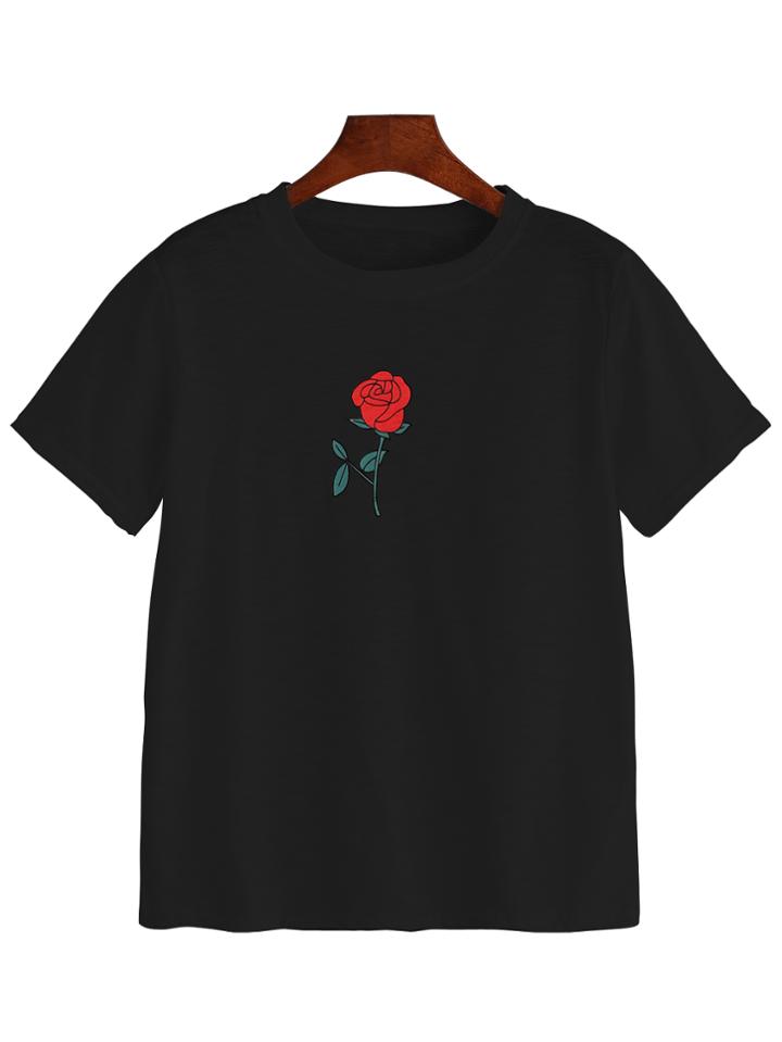 Romwe Black Rose Print T-shirt