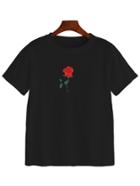 Romwe Black Rose Print T-shirt
