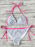 Romwe Geometric Stripe Print Side Tie Bikini Set