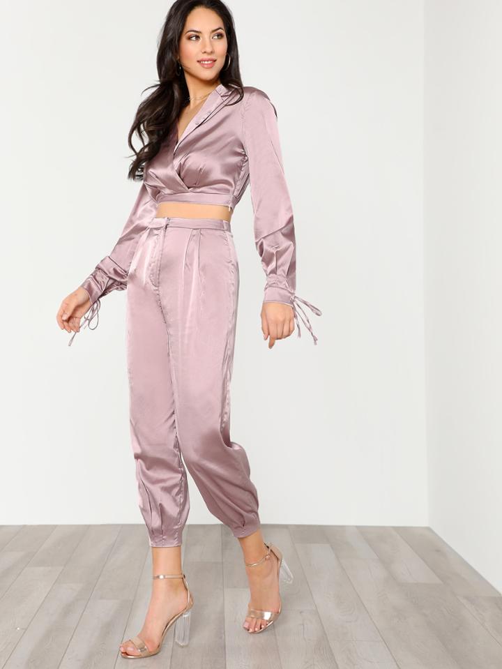 Romwe Deep V Neck Crop Top & Pants Set