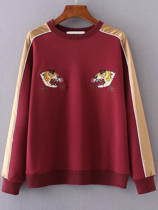 Romwe Burgundy Color Block Tiger Embroidery Sweatshirt