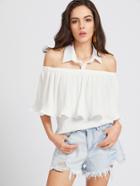 Romwe White Off The Shoulder Frill Collar Halter Top