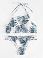 Romwe Leaf Print Twist Detail Bikini Set