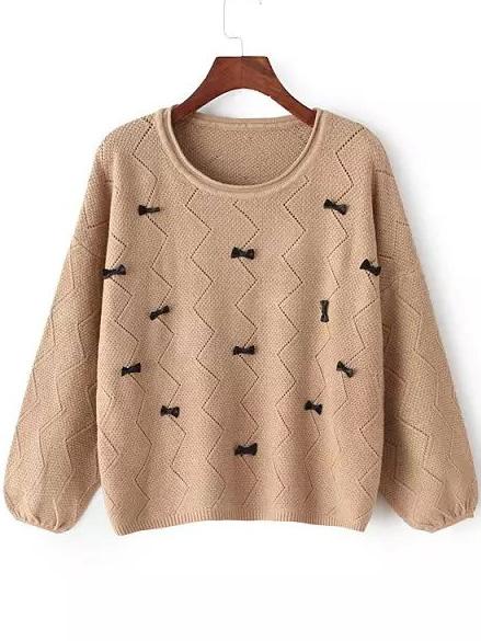 Romwe Round Neck Bow Khaki Sweater