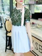 Romwe Green Blue Round Neck Waist Short Sleeve Contrast Lace Dress