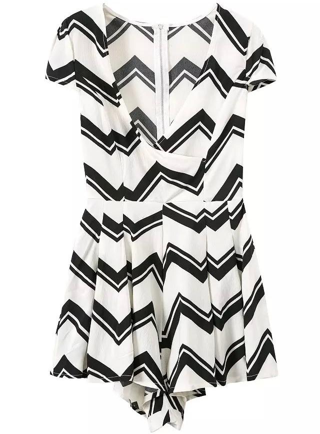 Romwe Deep V Neck Zigzag White Jumpsuit