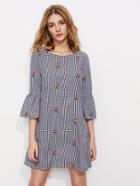 Romwe Fluted Sleeve Bow Back Flower Embroidered Gingham Dress