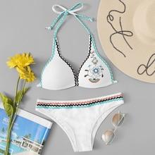 Romwe Self Tie Embroidered Flower Bikini Set
