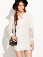 Romwe White Notch Neck Crochet Sleeve High Low Shirt Dress