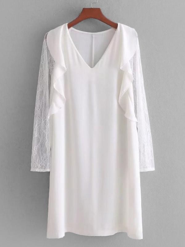 Romwe Flounce Detail Lace Sleeve Dress