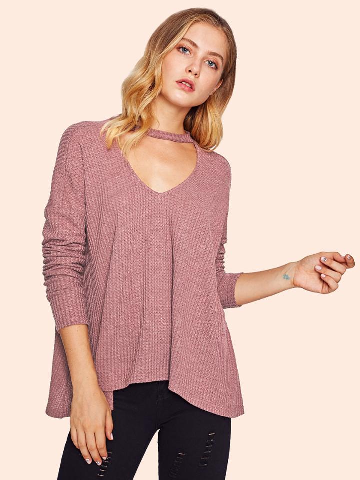 Romwe Choker Neck Asymmetric Waffle Knit Tee