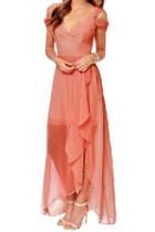 Romwe Romwe Asymmetric Off-shoulder Split Side Pink Crepe Dress