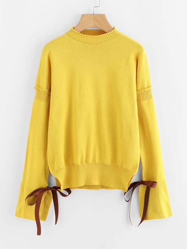 Romwe Roll Trim Split Side Tie Cuff Sweater