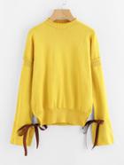 Romwe Roll Trim Split Side Tie Cuff Sweater