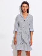 Romwe Striped Knot Front Single Breasted Shirt Dress