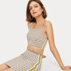 Romwe Plaid Print Striped Tape Panel Cami Top With Skirt