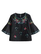 Romwe Fluted Sleeve Embroidery Blouse