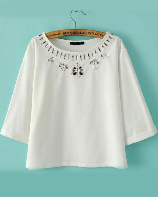 Romwe White Sweatshirt With Gemstone Decoration