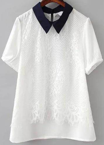 Romwe Contrast Collar Lace Insert Blouse