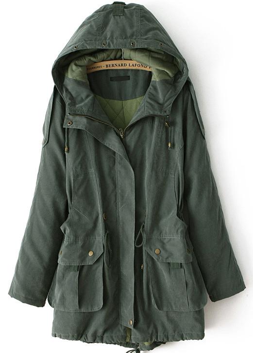 Romwe Pocketed Loose Drawstring Army Green Coat