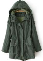 Romwe Pocketed Loose Drawstring Army Green Coat