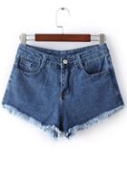 Romwe Dark Blue Pockets Fringed Trim Denim Shorts