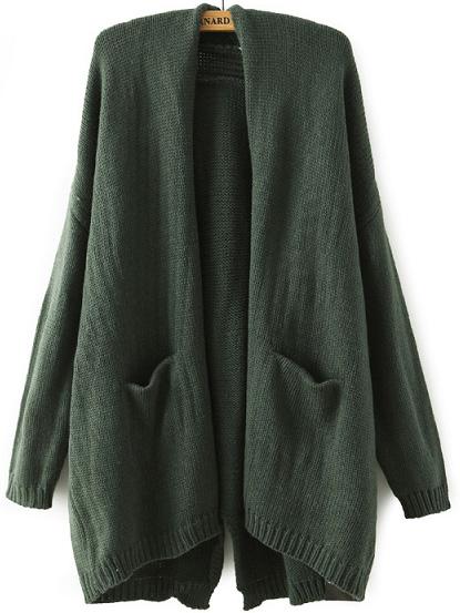 Romwe With Pockets Split-back Green Cardigan